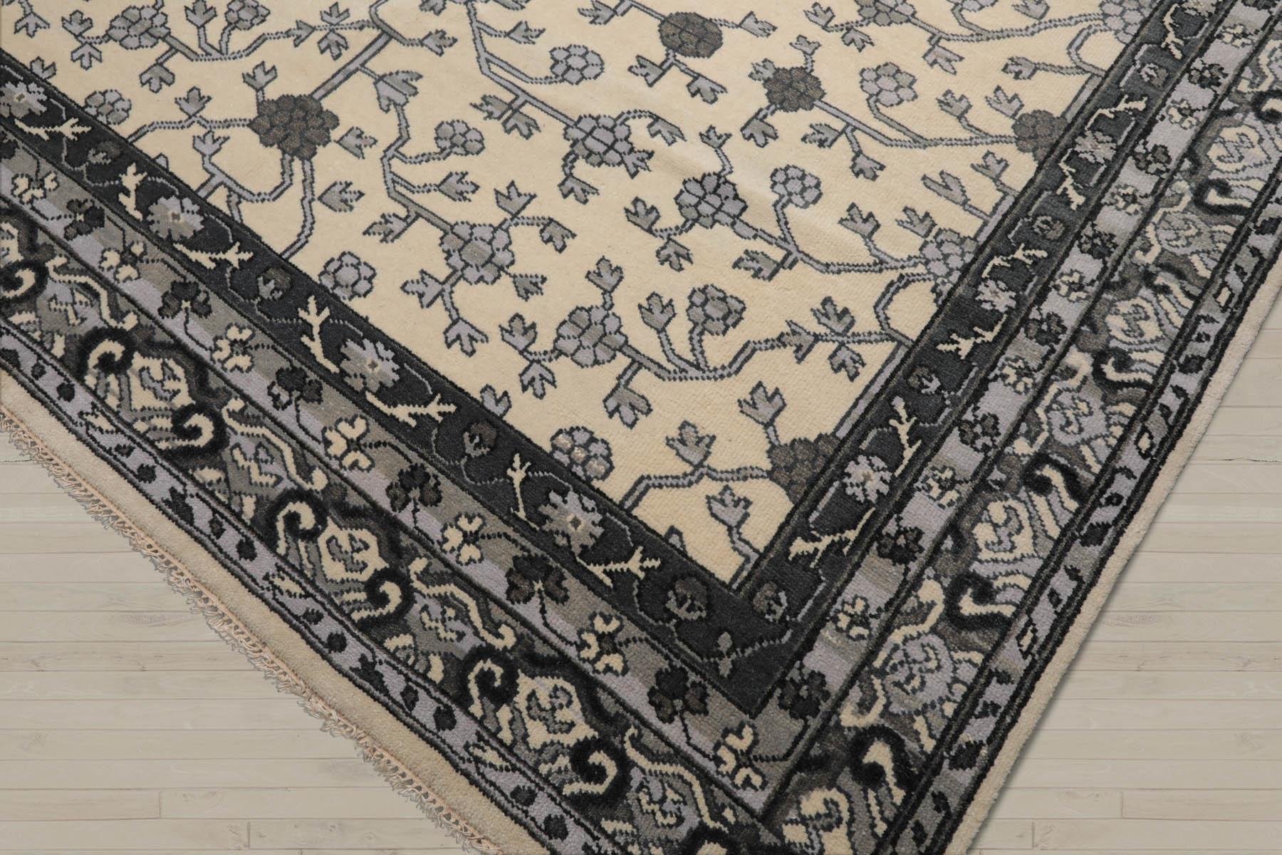 Multi Size Ivory Gray Charcoal Color Hand Knotted Oushak Wool Traditional Oriental Rug