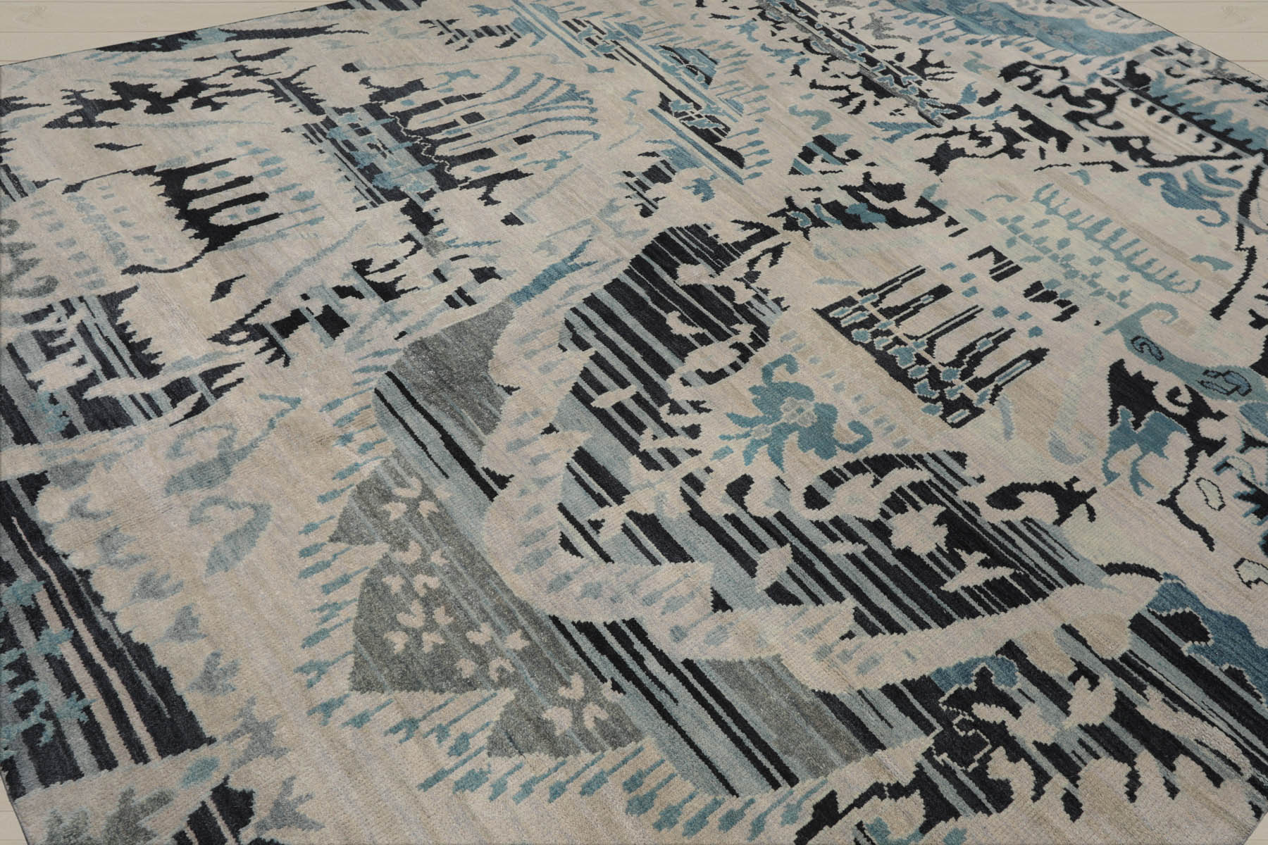 8x11 Gray Beige, Charcoal, Blue Color Hand Knotted  100% Wool Modern Oriental Rug