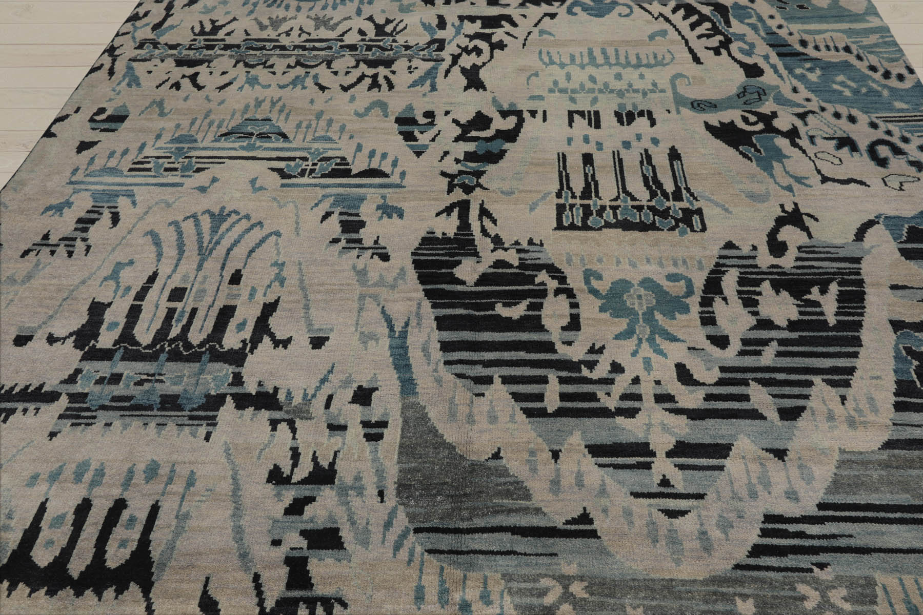 8x11 Gray Beige, Charcoal, Blue Color Hand Knotted  100% Wool Modern Oriental Rug