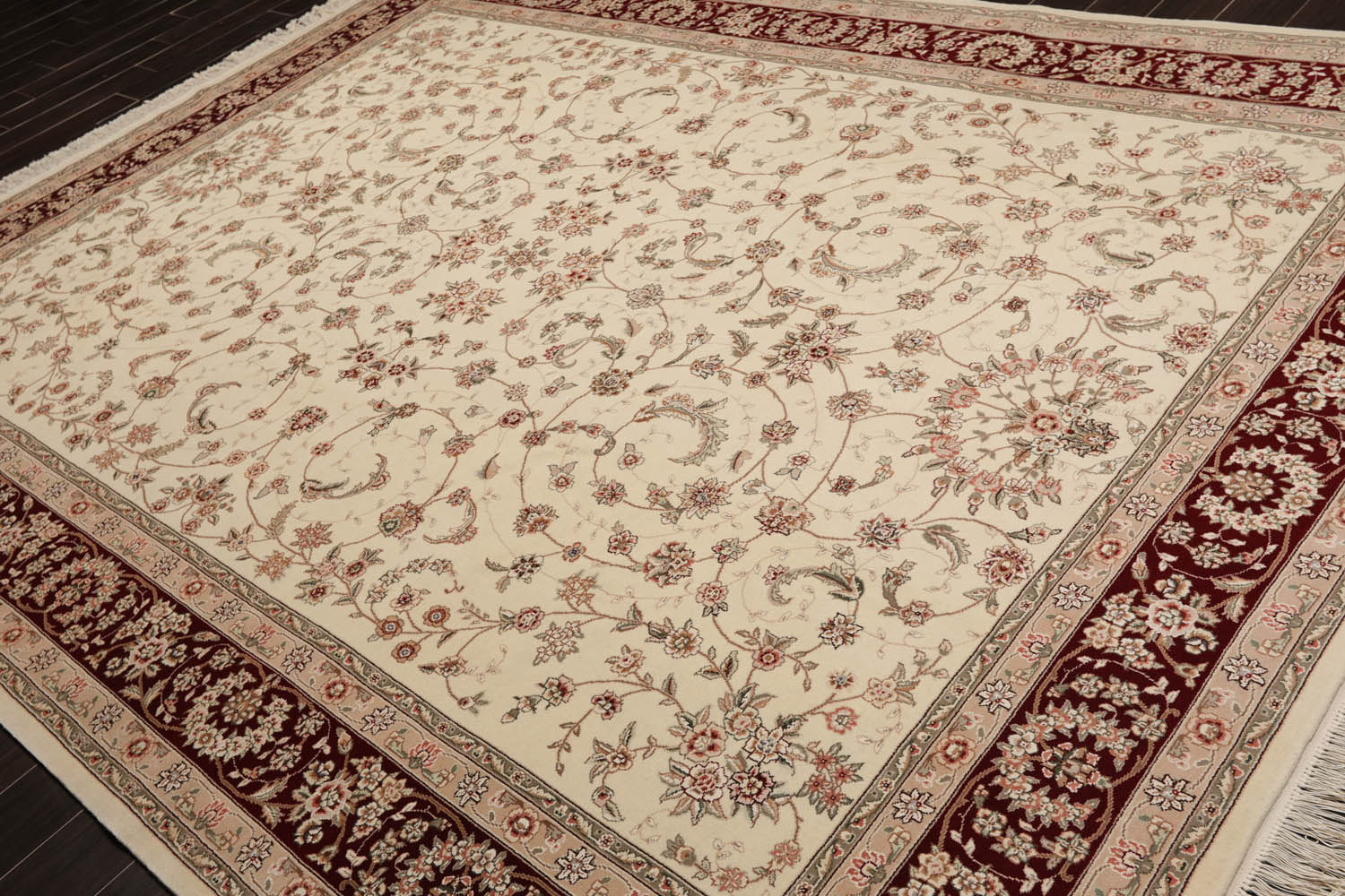 9x12 Cream, Maroon, Gray Color Hand Knotted Isfahan 100% Wool Traditional Oriental Rug