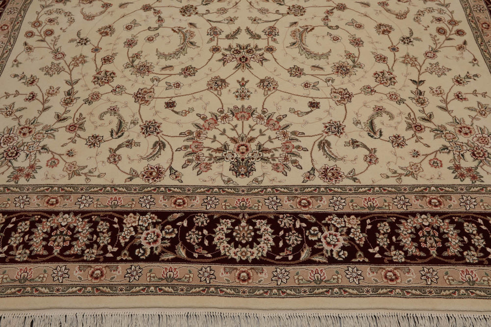 9x12 Cream, Maroon, Gray Color Hand Knotted Isfahan 100% Wool Traditional Oriental Rug