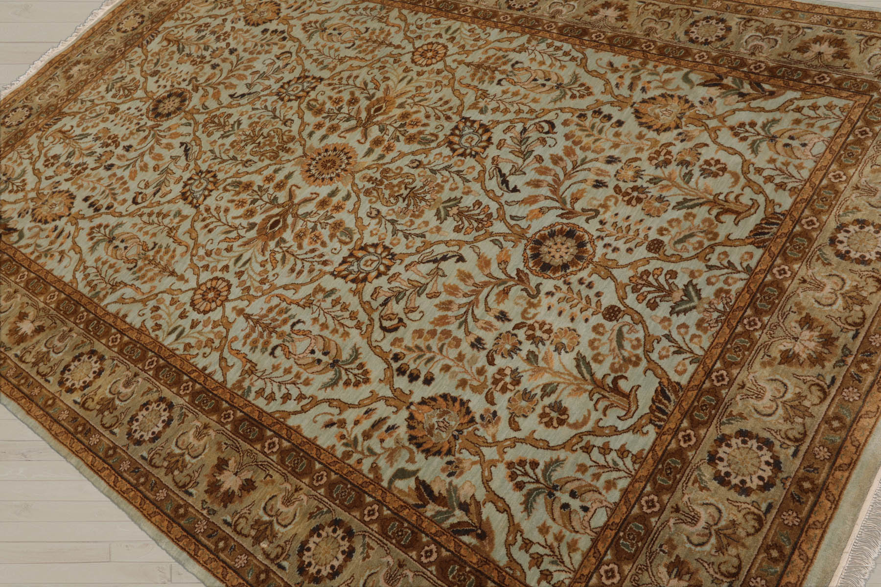 6x9 Aqua, Champagne, Brown Color Hand Knotted Agra 100% Wool Traditional Oriental Rug