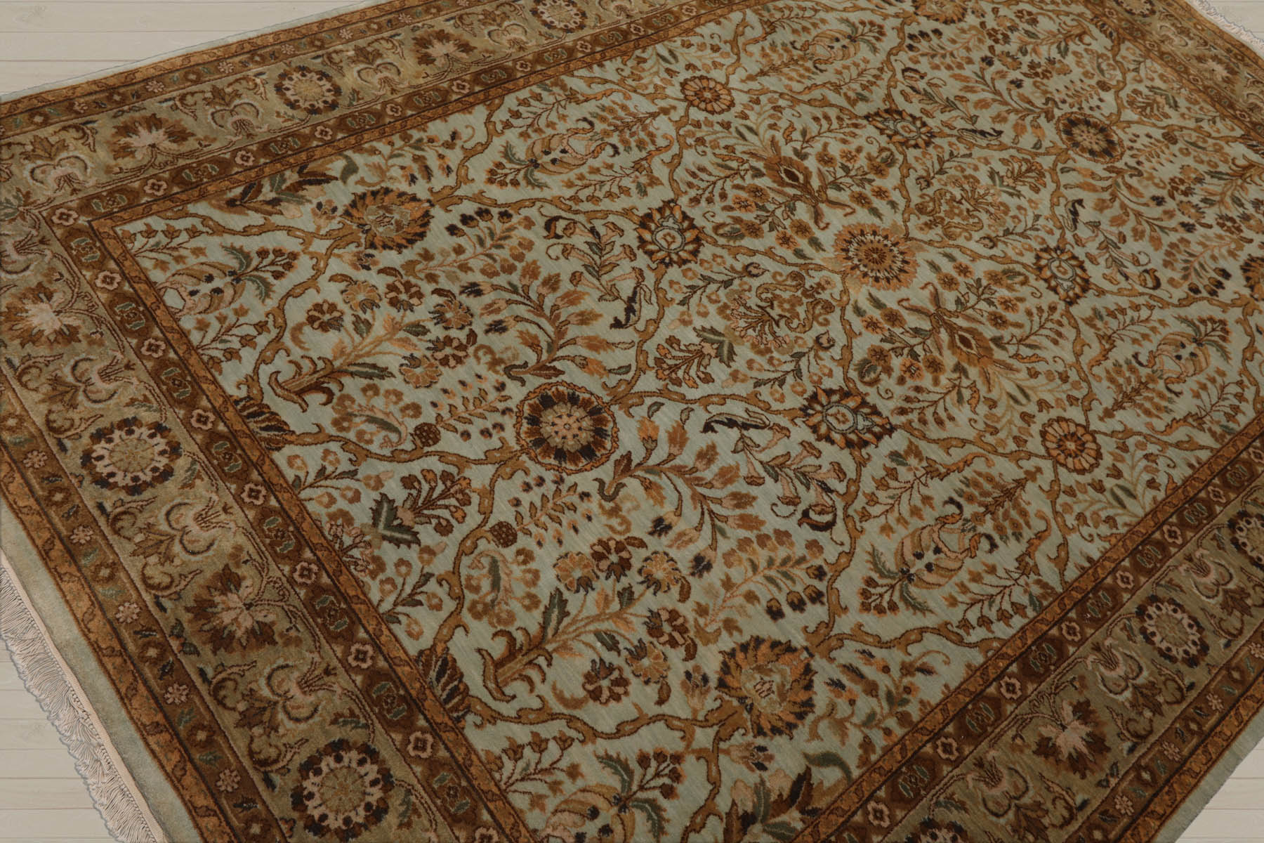 6x9 Aqua, Champagne, Brown Color Hand Knotted Agra 100% Wool Traditional Oriental Rug