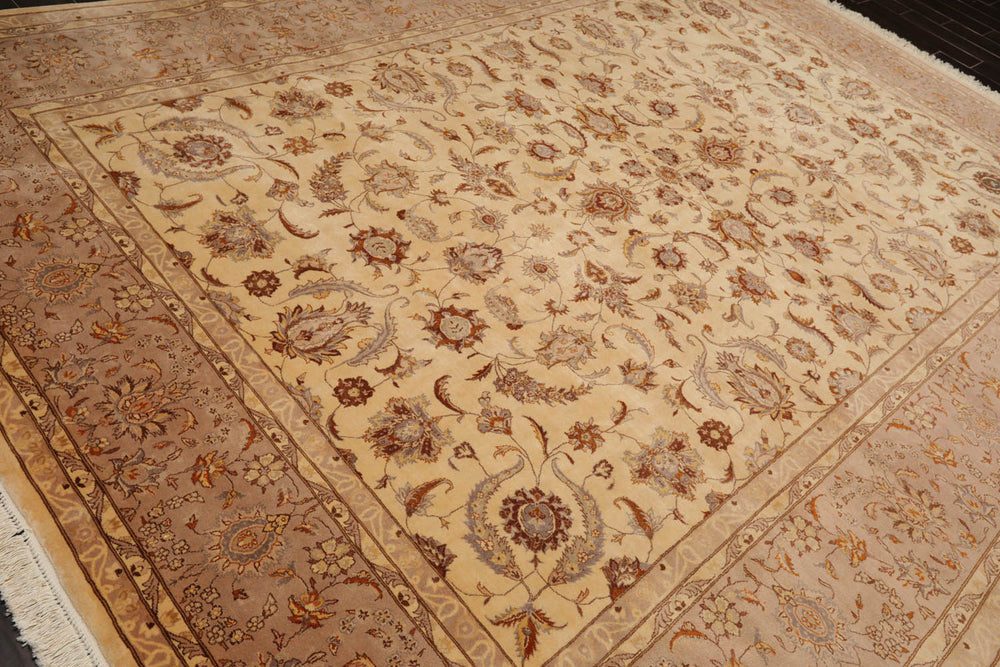 9x12 Ivory, Taupe, Brown Color Hand Knotted Pak Persian 100% Wool Traditional Oriental Rug