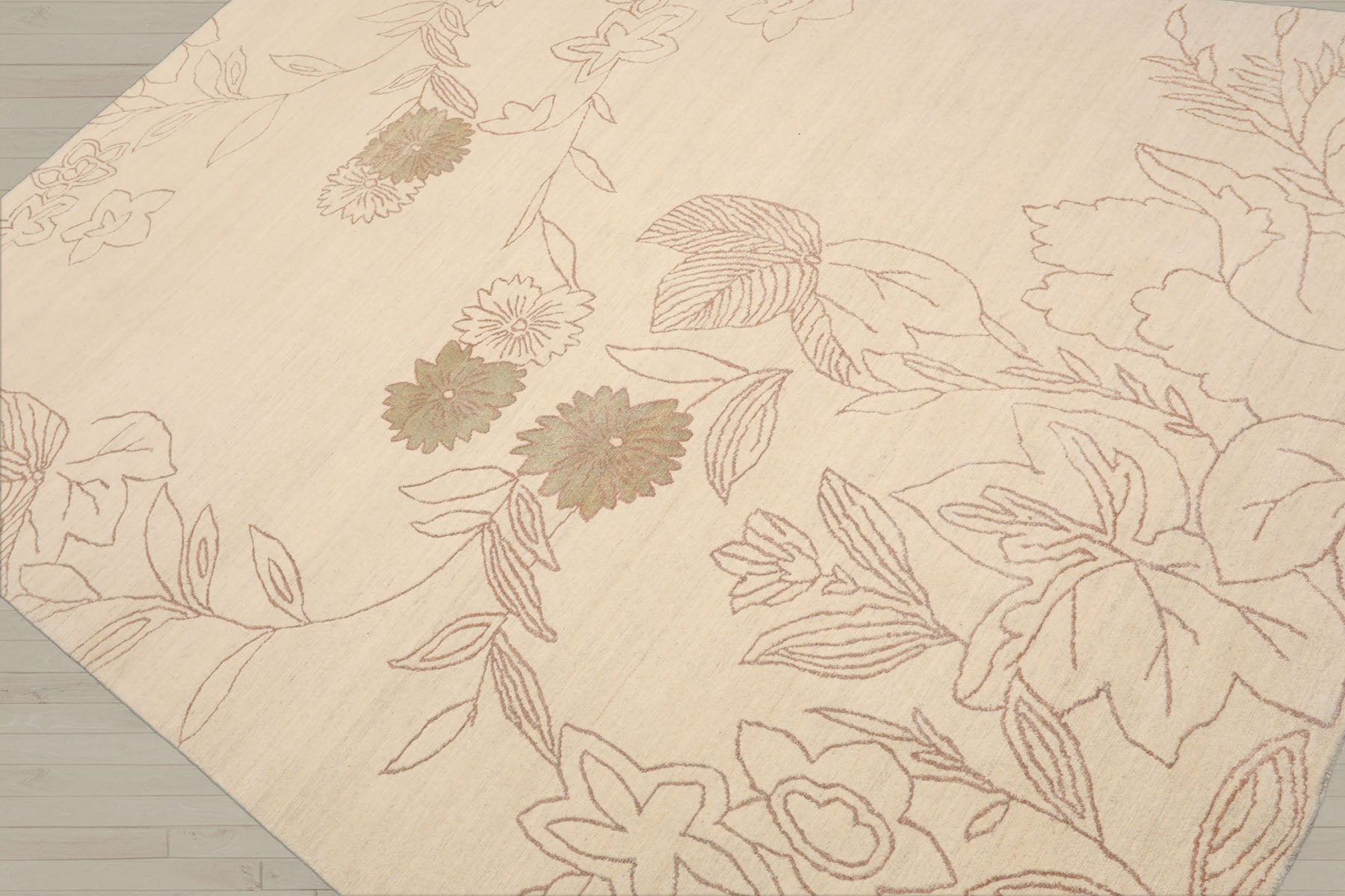 6x9 Ivory, Olive Green, Brown Color Hand Knotted Tibetan Wool & Silk Transitional Oriental Rug