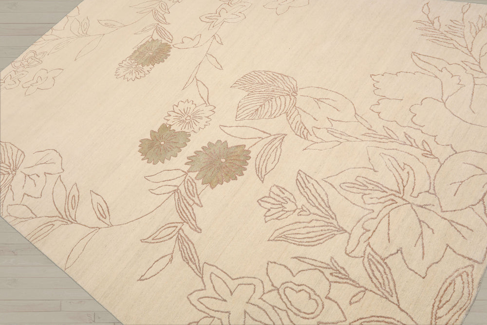 6x9 Ivory, Olive Green, Brown Color Hand Knotted Tibetan Wool & Silk Transitional Oriental Rug
