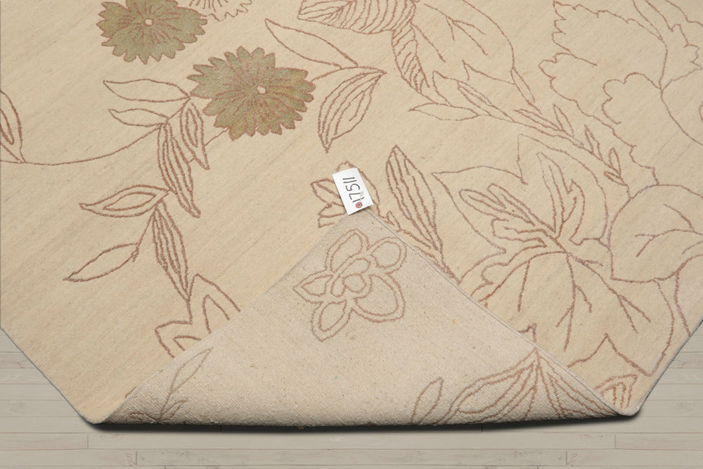 6x9 Ivory, Olive Green, Brown Color Hand Knotted Tibetan Wool & Silk Transitional Oriental Rug