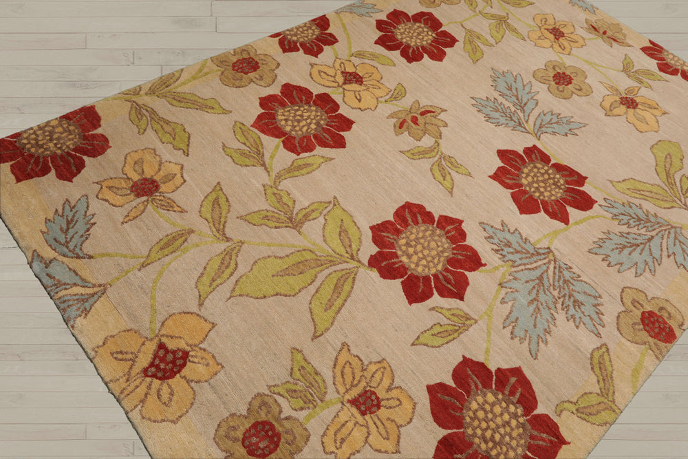 5x8 Beige, Lime, Tan Color Hand Knotted  100% Wool Transitional Oriental Rug