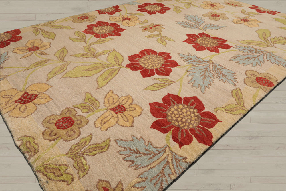 5x8 Beige, Lime, Tan Color Hand Knotted  100% Wool Transitional Oriental Rug