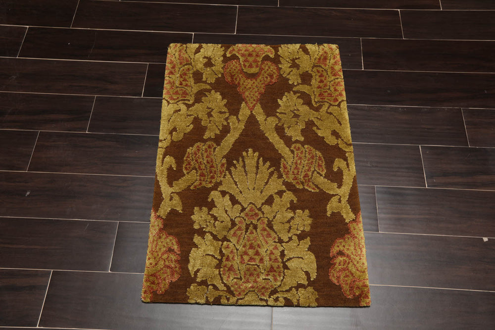 2x3 Brown, Mustard, Rust Color Hand Knotted  Wool & Silk Transitional Oriental Rug