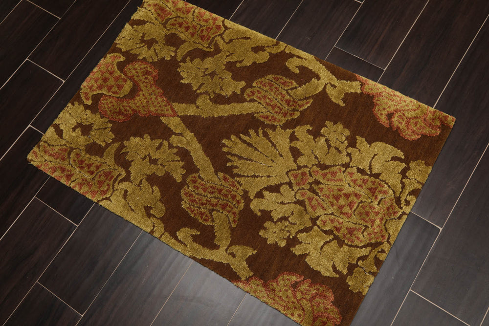 2x3 Brown, Mustard, Rust Color Hand Knotted  Wool & Silk Transitional Oriental Rug