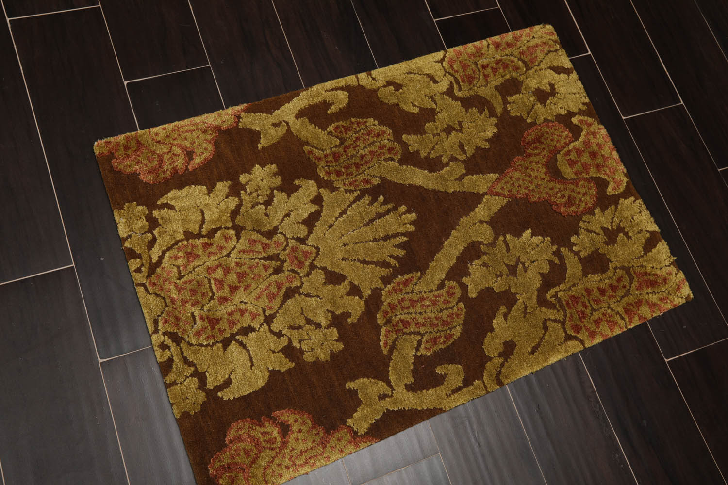 2x3 Brown, Mustard, Rust Color Hand Knotted  Wool & Silk Transitional Oriental Rug
