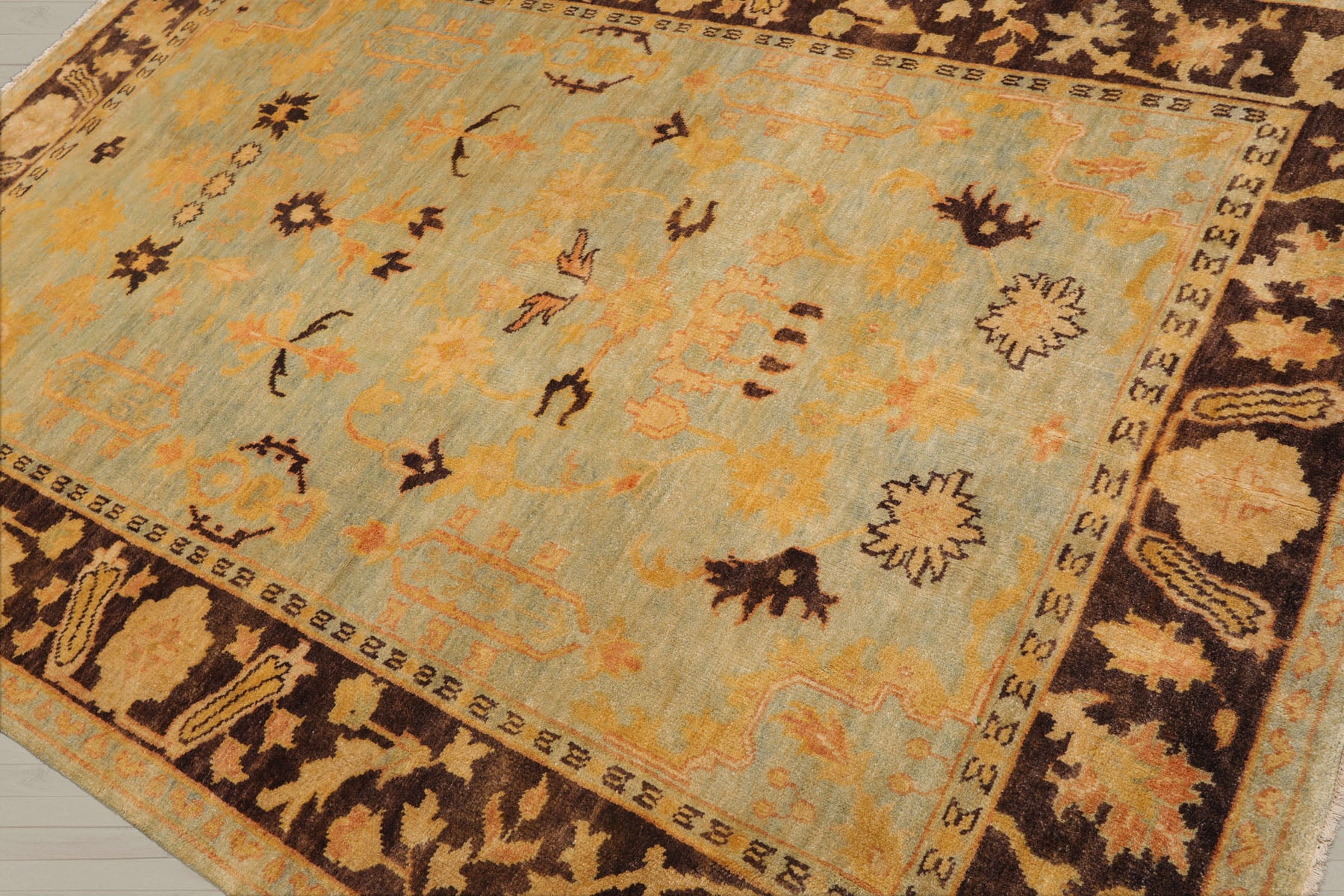 6x9 Pale Aqua, Chocolate, Gold Color Hand Knotted Oushak 100% Wool Traditional Oriental Rug