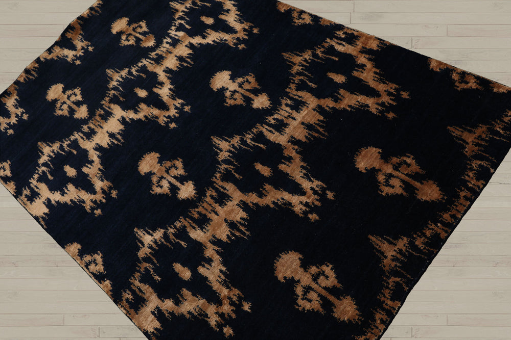 4x6 Navy, Beige, Color Hand Knotted Tibetan Wool & Silk Traditional Oriental Rug