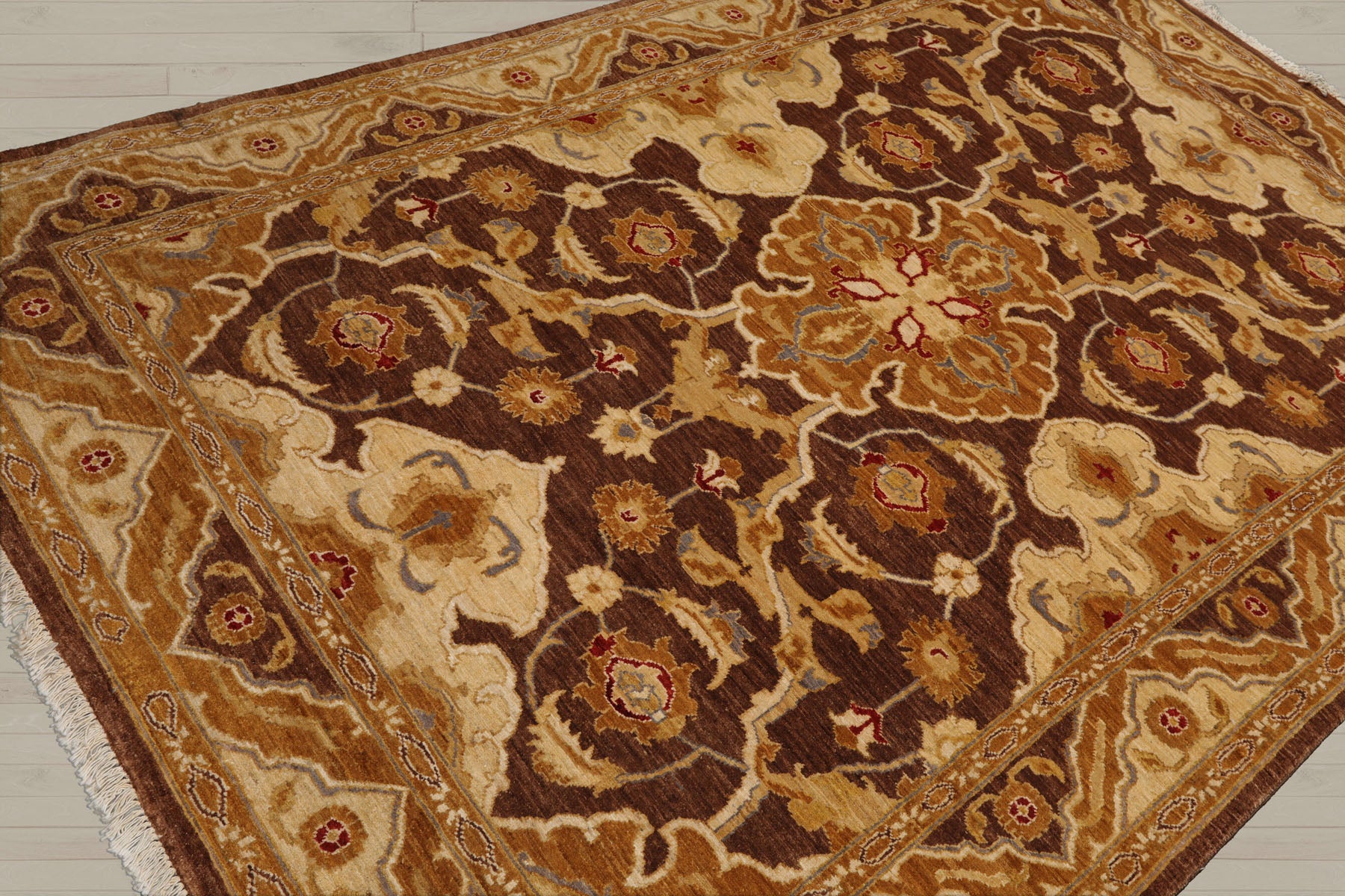 6x9 Brown, Beige, Gold Color Hand Knotted Peshawar 100% Wool Traditional Oriental Rug