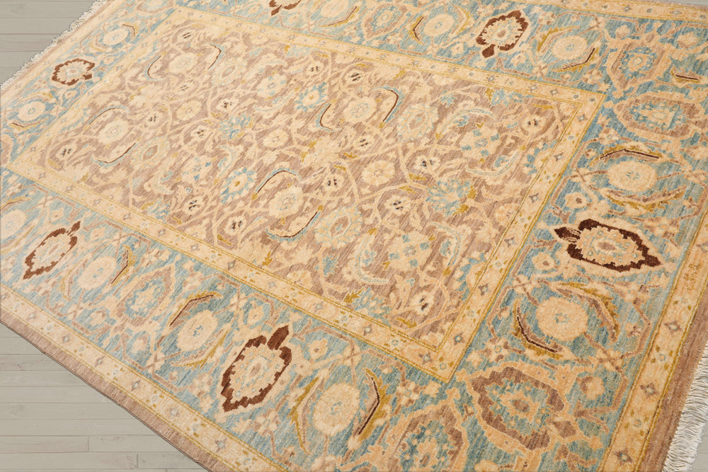 6x9 Taupe, Aqua, Brown Color Hand Knotted Peshawar 100% Wool Traditional Oriental Rug