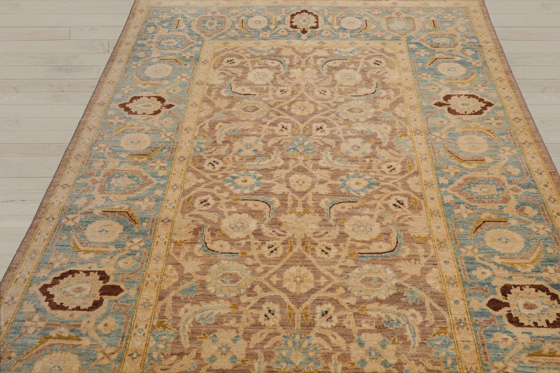 6x9 Taupe, Aqua, Brown Color Hand Knotted Peshawar 100% Wool Traditional Oriental Rug