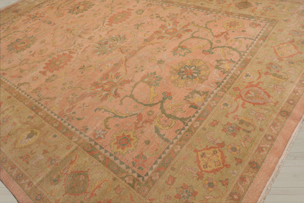 10x14 Raspberry, Pistacchio, Gold Color Hand Knotted Oushak 100% Wool Traditional Oriental Rug