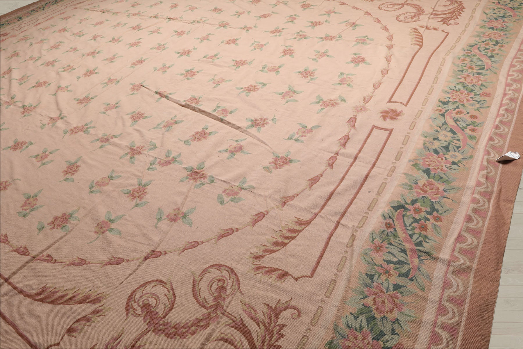 Palace Blush, Peach, Green Color Hand Knotted French Aubusson 100% Wool Traditional Oriental Rug