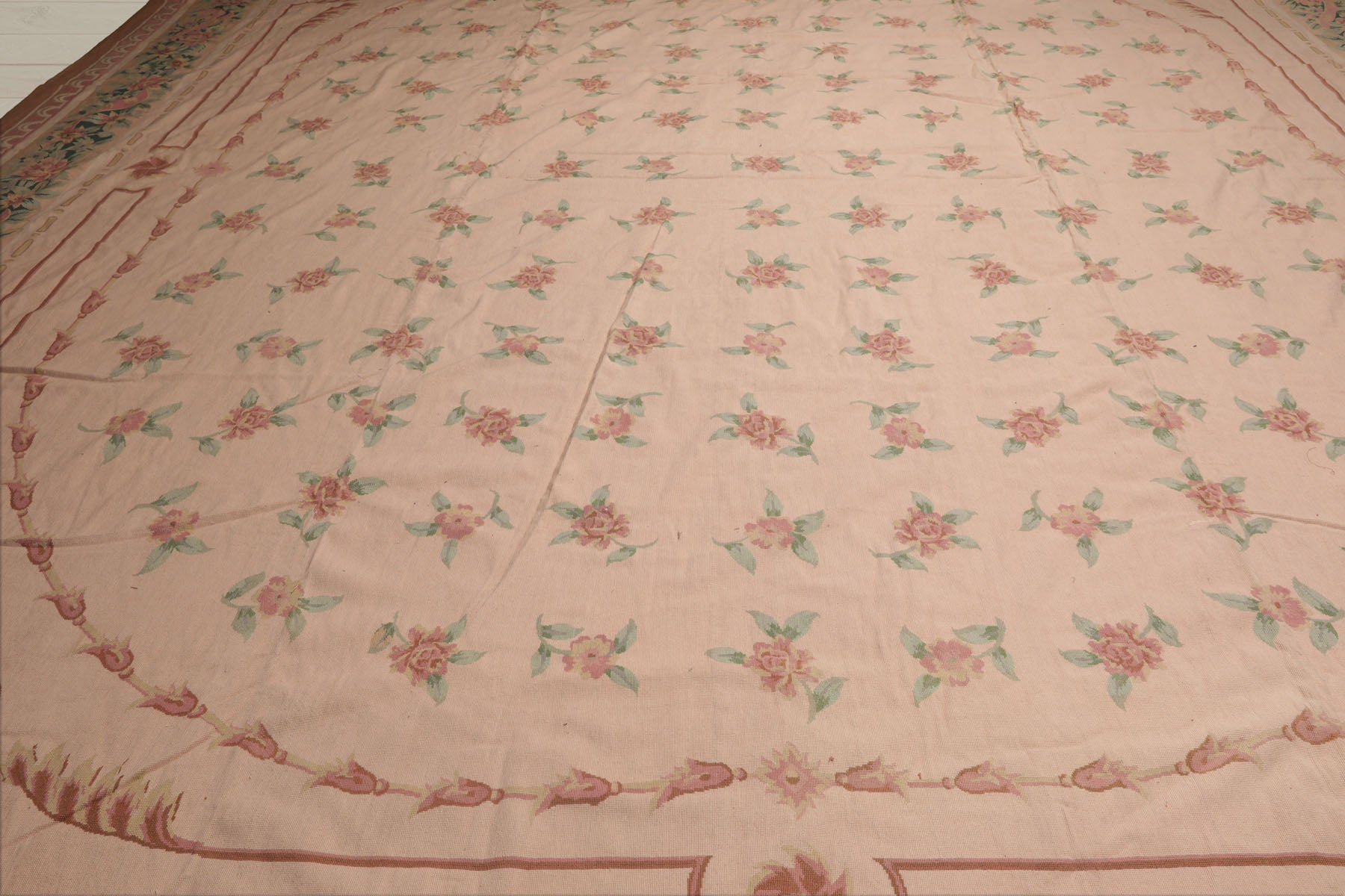 Palace Blush, Peach, Green Color Hand Knotted French Aubusson 100% Wool Traditional Oriental Rug