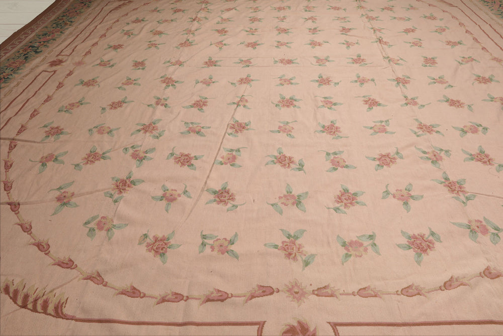 Palace Blush, Peach, Green Color Hand Knotted French Aubusson 100% Wool Traditional Oriental Rug