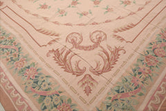 Palace Blush, Peach, Green Color Hand Knotted French Aubusson 100% Wool Traditional Oriental Rug