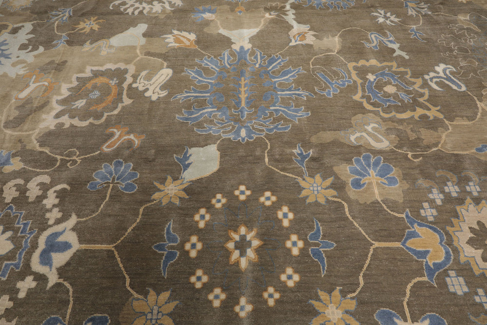 Square Brown, Tan, Beige Color Hand Knotted Oushak 100% Wool Traditional Oriental Rug