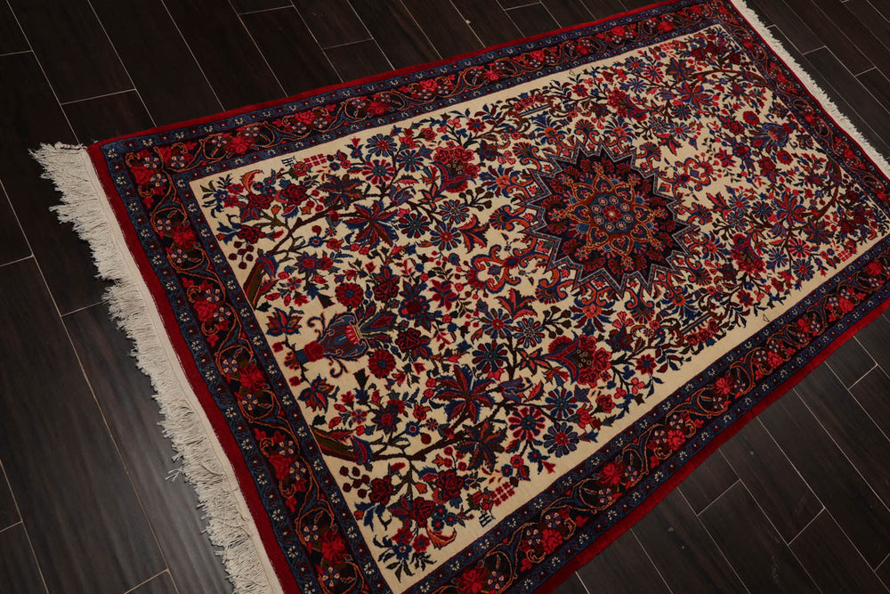 4x6 Ivory, Navy, Red Color Hand Knotted Bidjar 100% Wool Traditional Oriental Rug