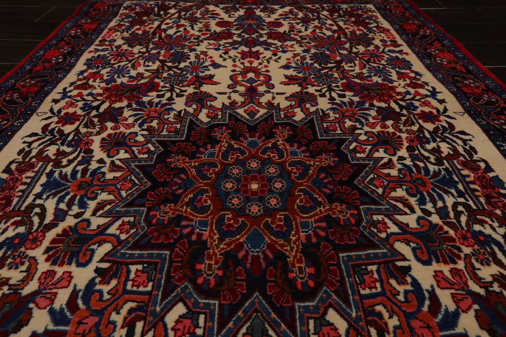4x6 Ivory, Navy, Red Color Hand Knotted Bidjar 100% Wool Traditional Oriental Rug