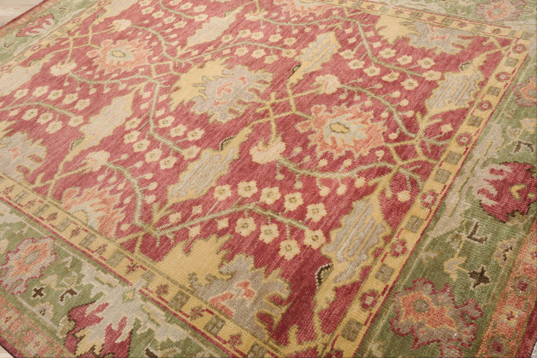 Multi Size Raspberry Green Gold Color Hand Knotted Oushak Wool  Oriental Rug