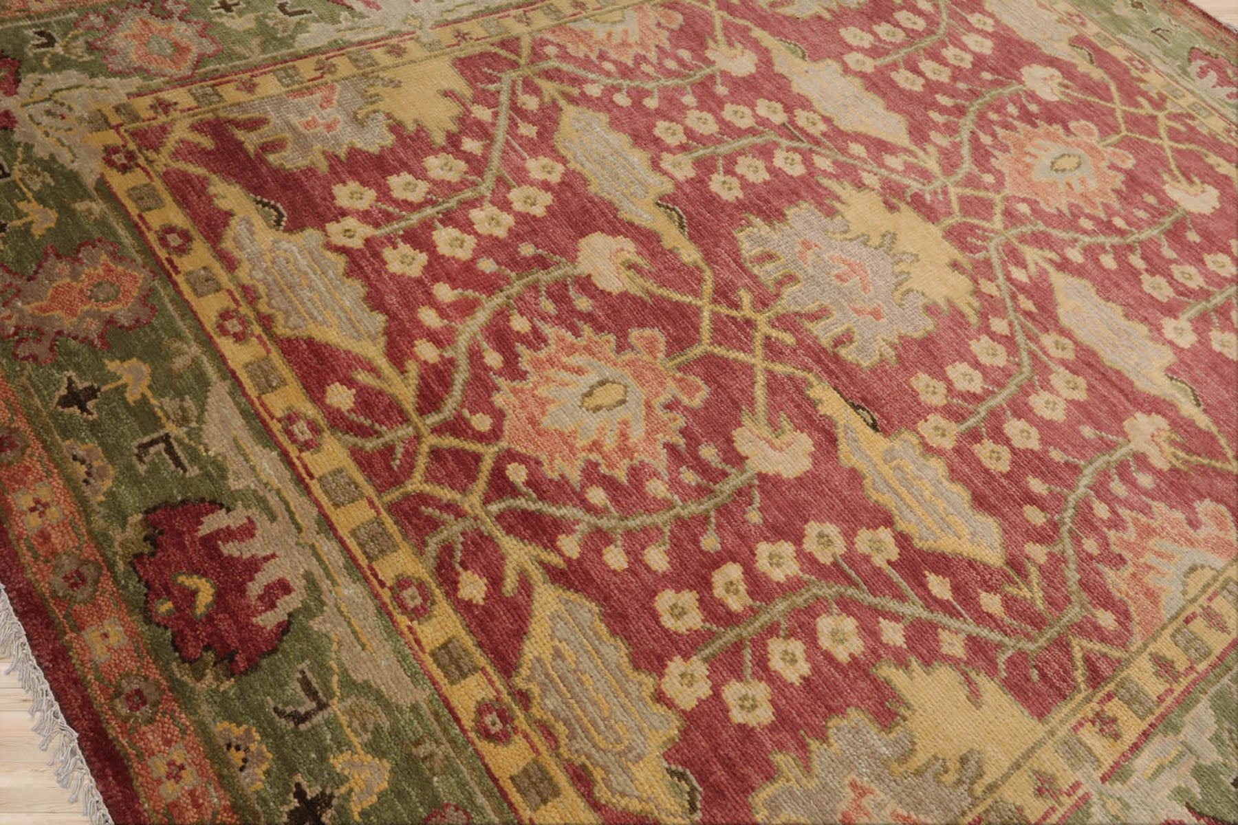 Multi Size Raspberry Green Gold Color Hand Knotted Oushak Wool  Oriental Rug