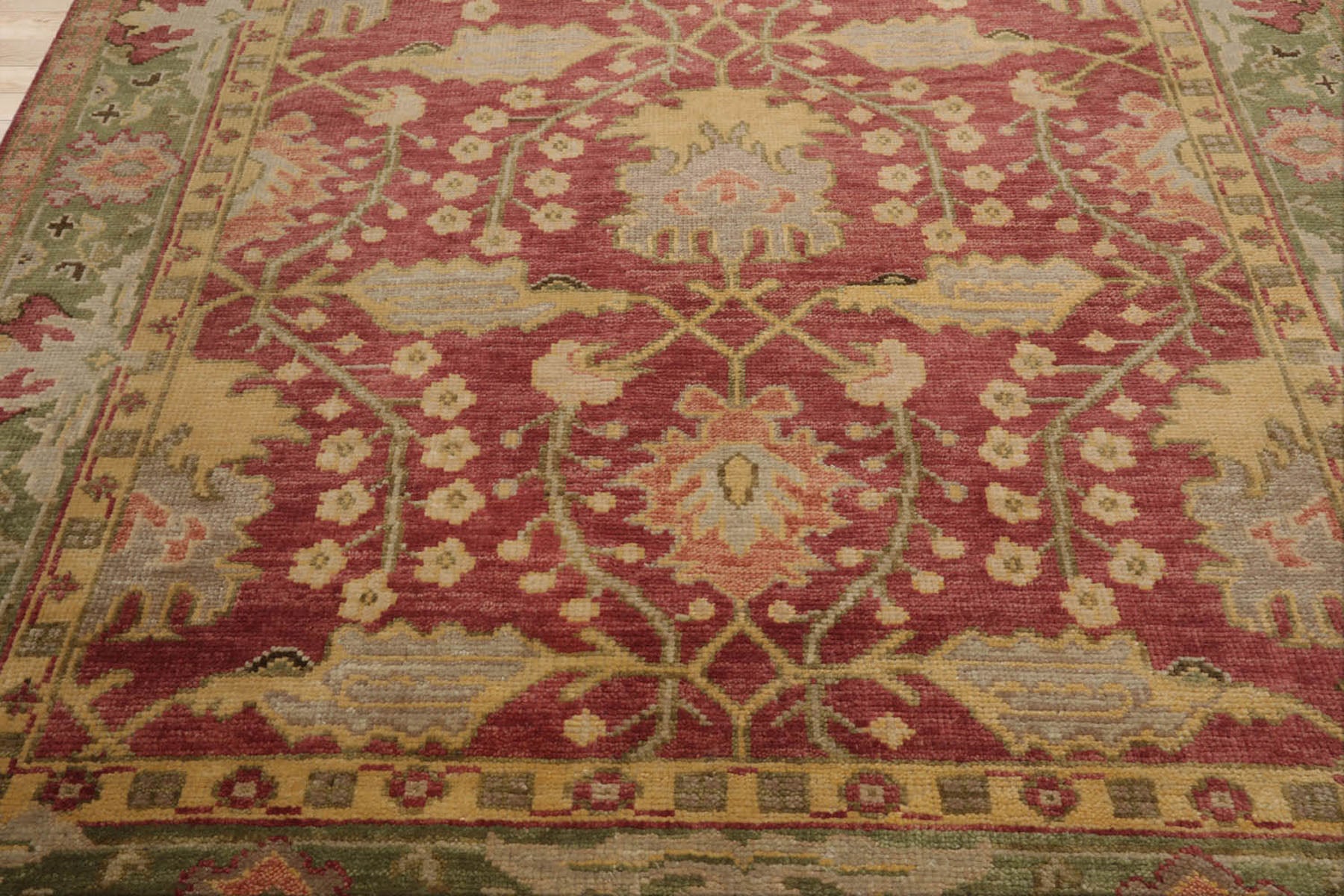 Multi Size Raspberry Green Gold Color Hand Knotted Oushak Wool  Oriental Rug