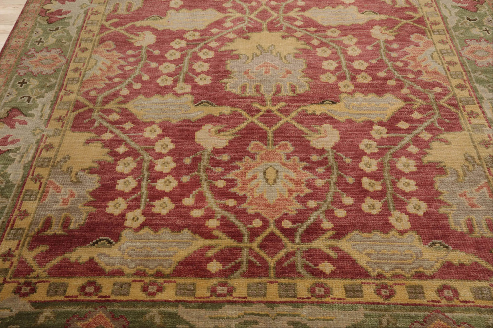 Multi Size Raspberry Green Gold Color Hand Knotted Oushak Wool  Oriental Rug