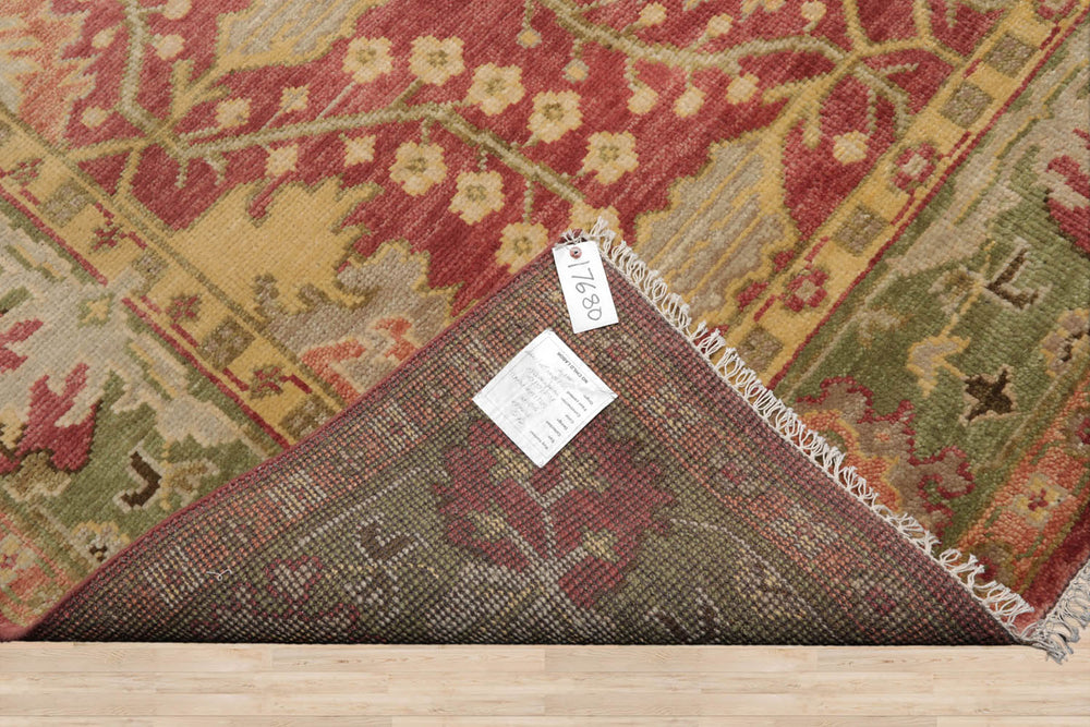 Multi Size Raspberry Green Gold Color Hand Knotted Oushak Wool  Oriental Rug