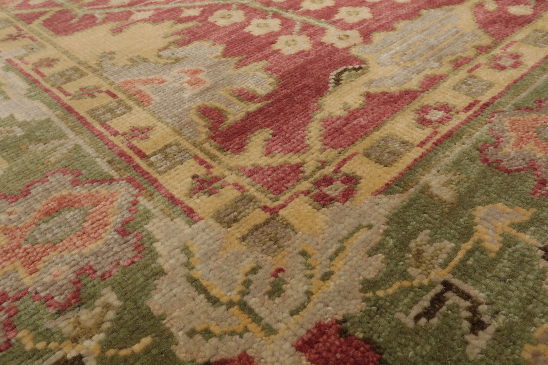 Multi Size Raspberry Green Gold Color Hand Knotted Oushak Wool  Oriental Rug