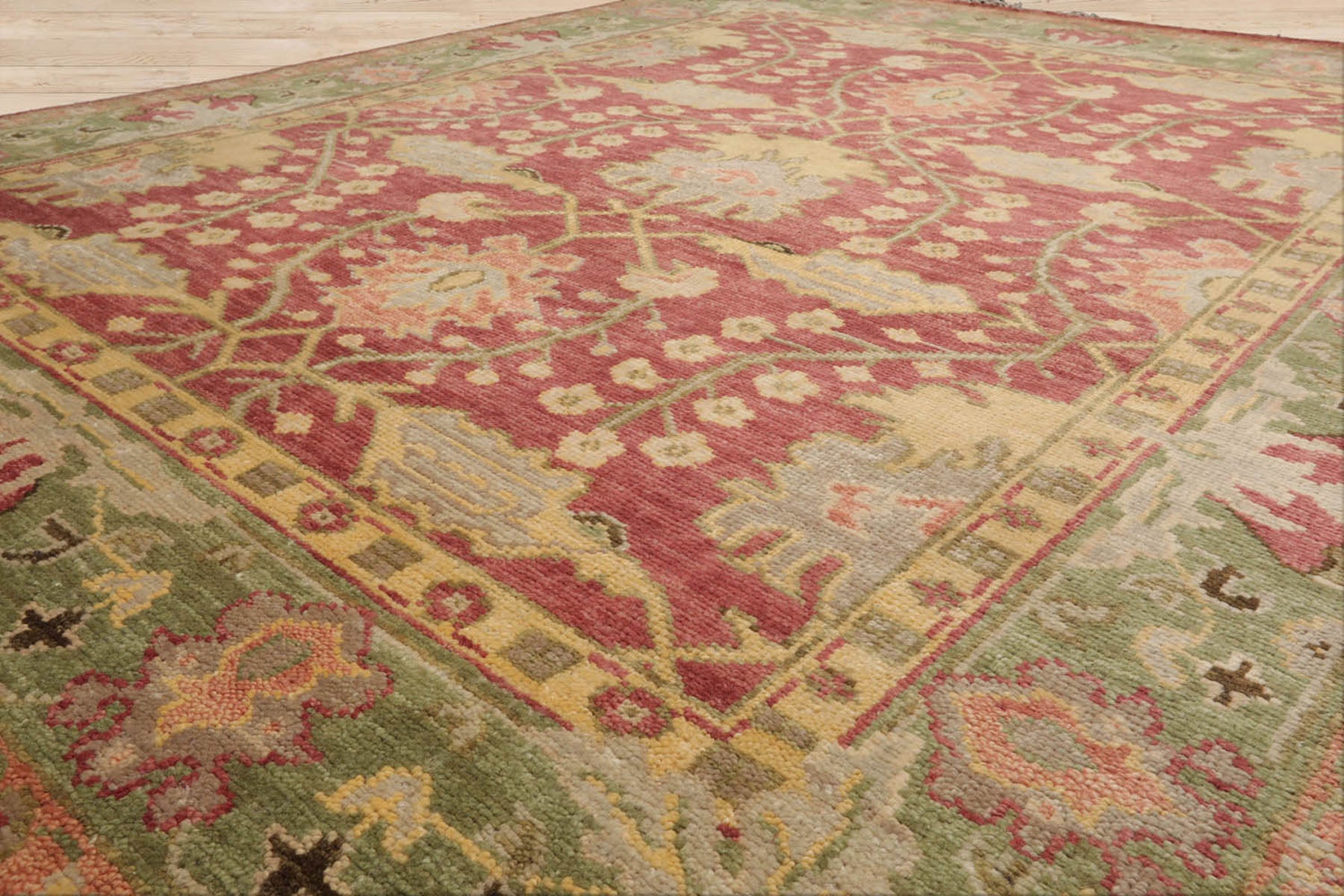 Multi Size Raspberry Green Gold Color Hand Knotted Oushak Wool  Oriental Rug