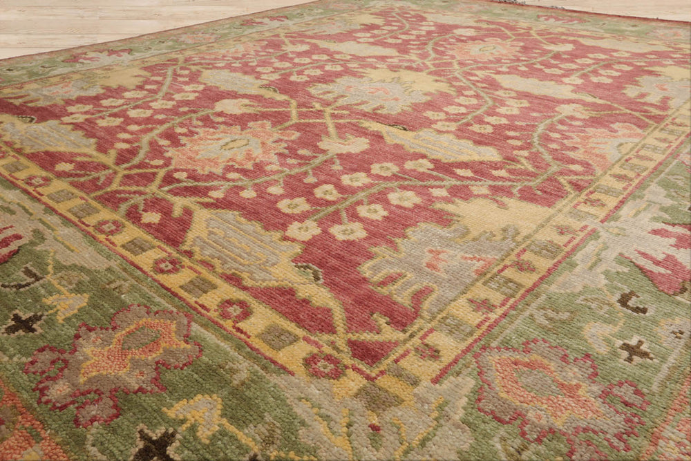 Multi Size Raspberry Green Gold Color Hand Knotted Oushak Wool  Oriental Rug