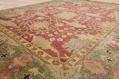 Multi Size Raspberry Green Gold Color Hand Knotted Oushak Wool  Oriental Rug