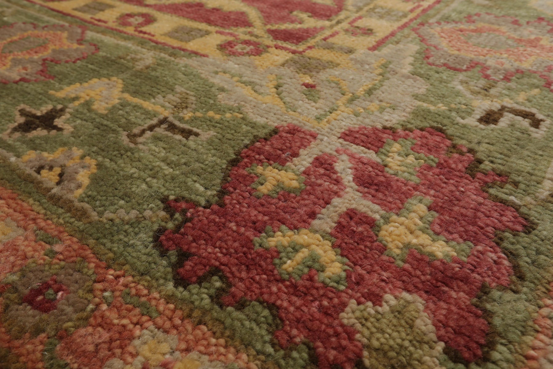 Multi Size Raspberry Green Gold Color Hand Knotted Oushak Wool  Oriental Rug