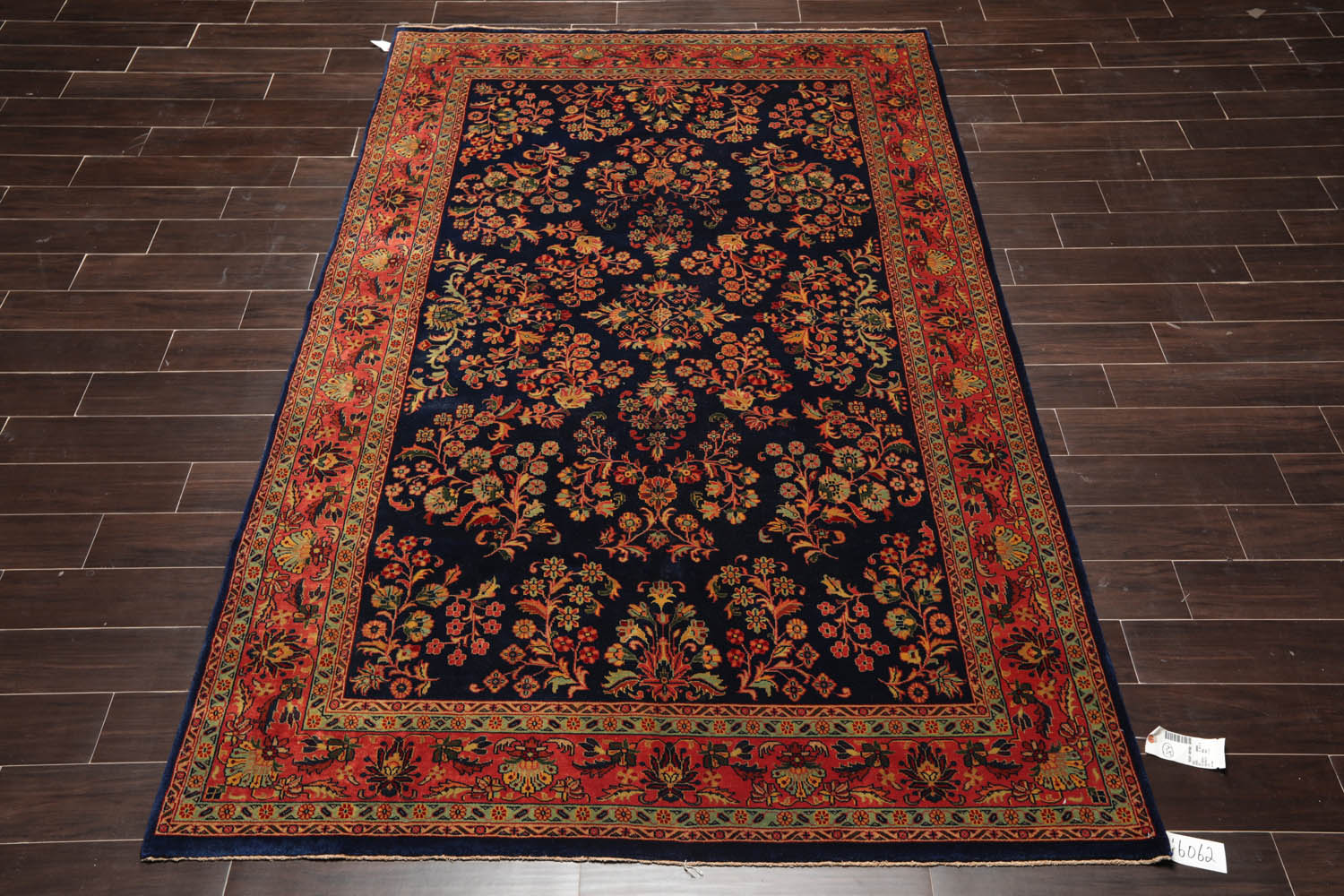6x9 Navy, Antique Rose, Mint Color Hand Knotted Sarouk 100% Wool Traditional Oriental Rug