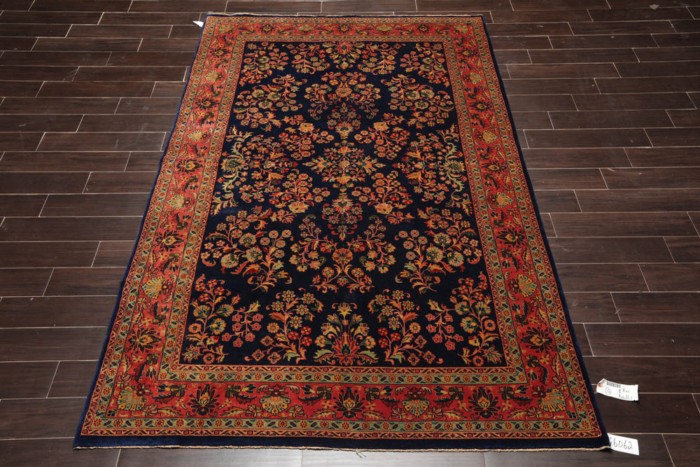 6x9 Navy, Antique Rose, Mint Color Hand Knotted Sarouk 100% Wool Traditional Oriental Rug