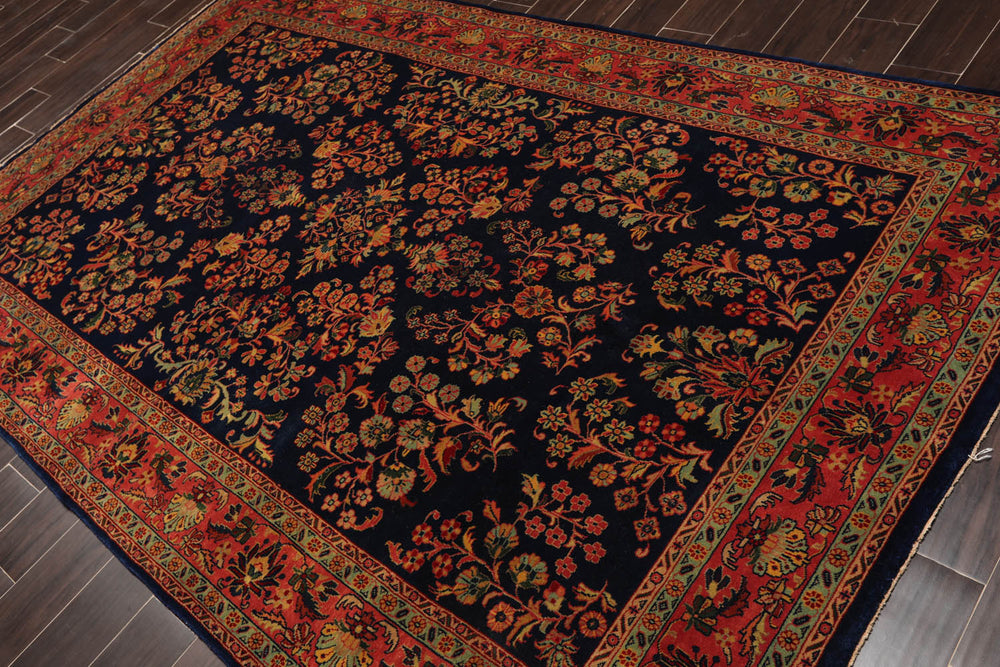 6x9 Navy, Antique Rose, Mint Color Hand Knotted Sarouk 100% Wool Traditional Oriental Rug