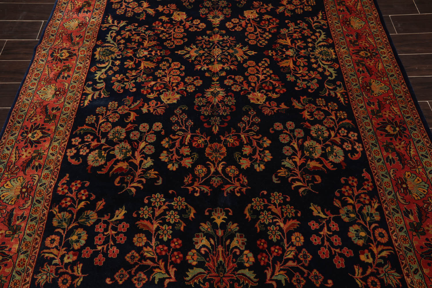 6x9 Navy, Antique Rose, Mint Color Hand Knotted Sarouk 100% Wool Traditional Oriental Rug