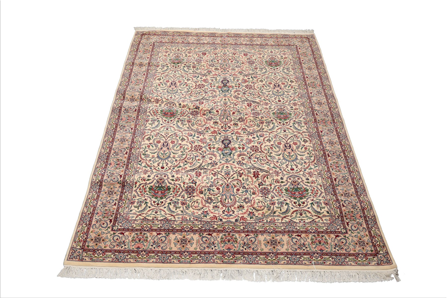 6x9 Cream, Peach, Maroon Color Hand Knotted Pak Persian 100% Wool Traditional Oriental Rug