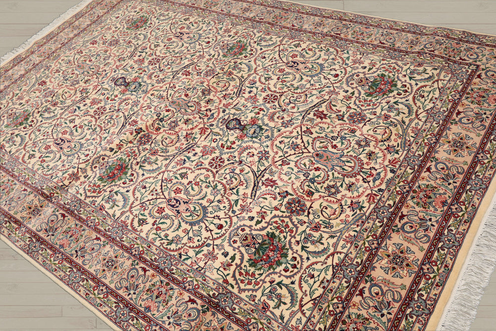 6x9 Cream, Peach, Maroon Color Hand Knotted Pak Persian 100% Wool Traditional Oriental Rug