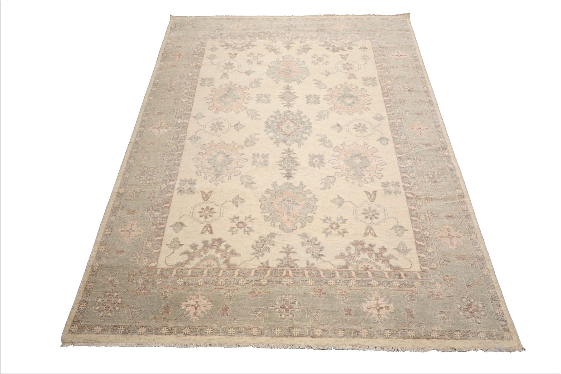 9x12 Ivory, Mint, Brown Color Hand Knotted Afghan Oushak Wool Traditional Oriental Rug