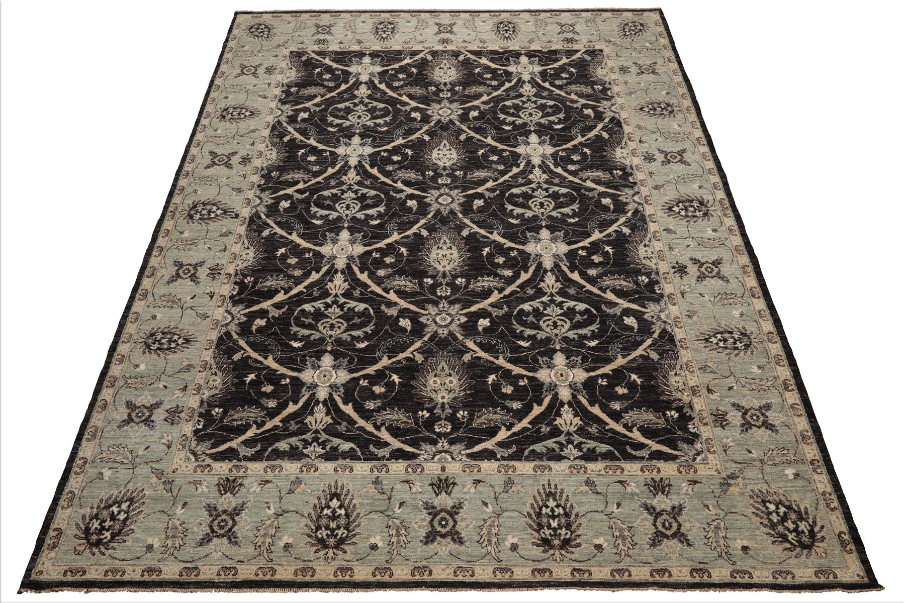 9x12 Black, Charcoal, Mint Color Hand Knotted Agra 100% wool Traditional Oriental Rug