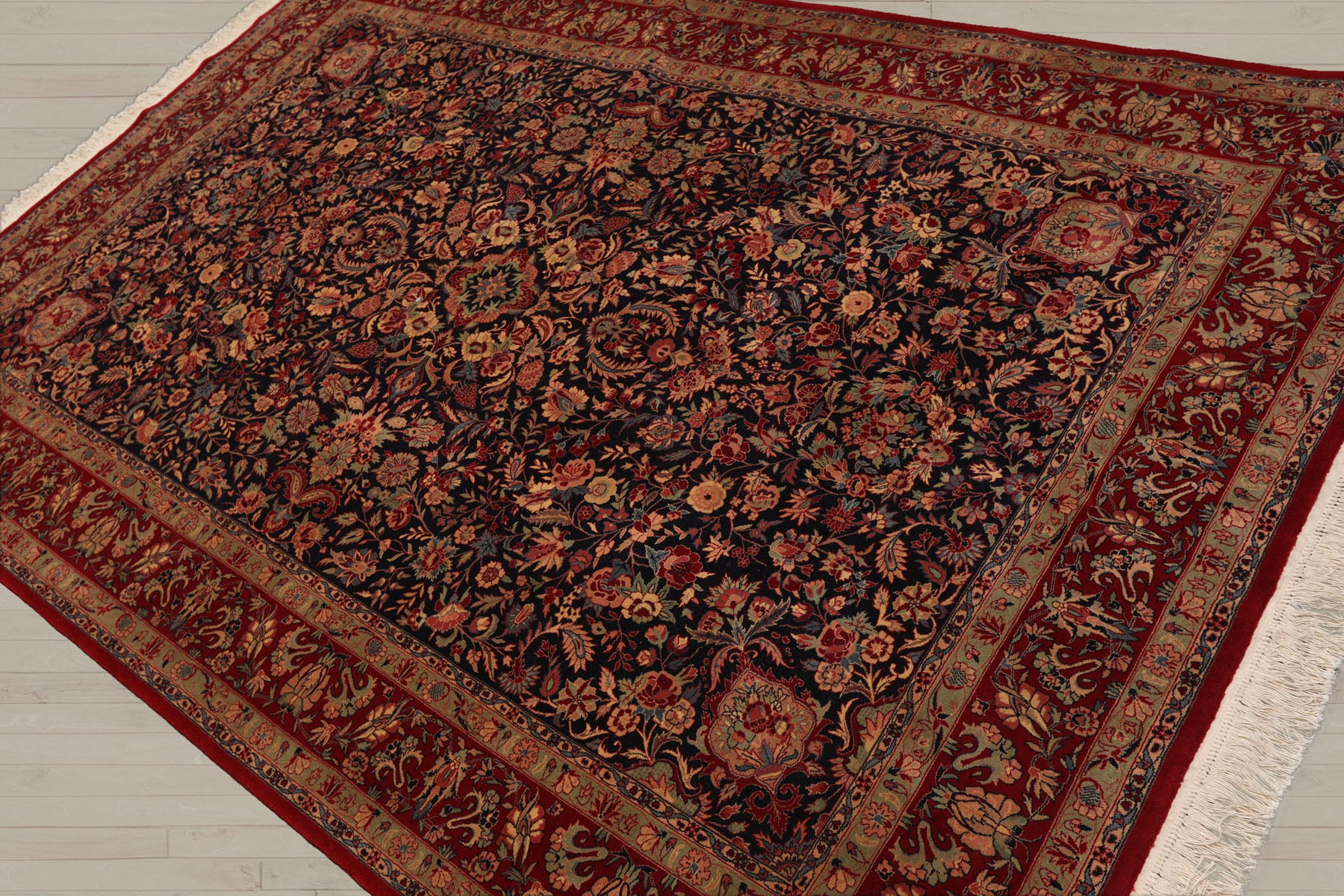 6x9 Midnight Blue, Red, Green Color Hand Knotted Sarouk 100% Wool Traditional Oriental Rug