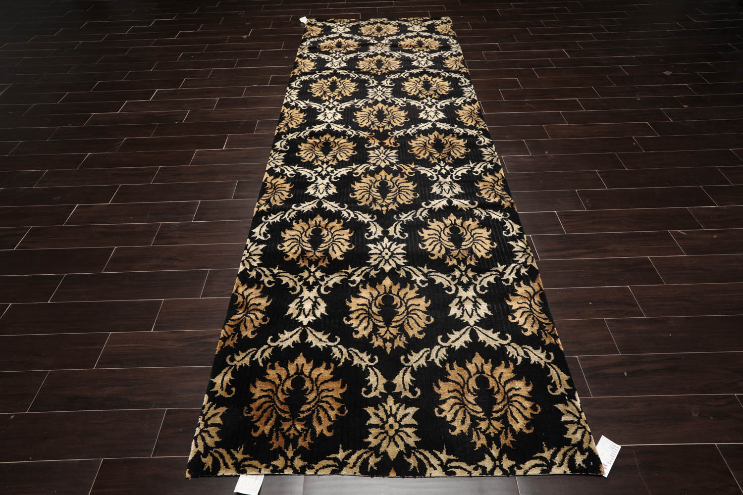 Runner Black, Gold, Beige Color Hand Knotted  100% Wool Transitional Oriental Rug
