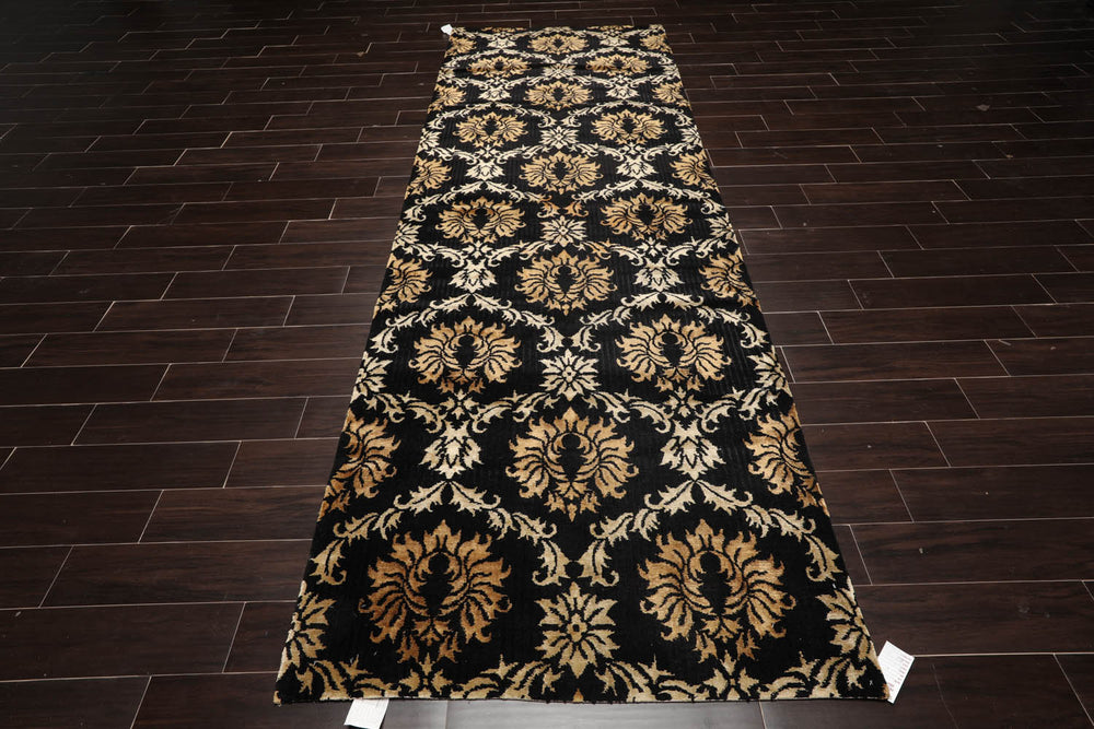Runner Black, Gold, Beige Color Hand Knotted  100% Wool Transitional Oriental Rug